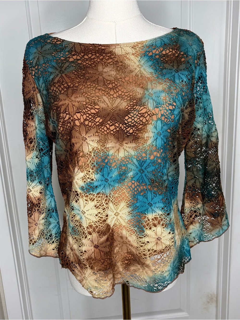 Vintage Y2K Brown Blue Crochet Floral Bell Sleeve Retro Boho Blouse Shirt Size M